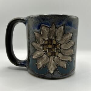 Signed Mara of Mexico Bluish Stoneware Art Pottery Sunflower Coffee Mug Tea Cup